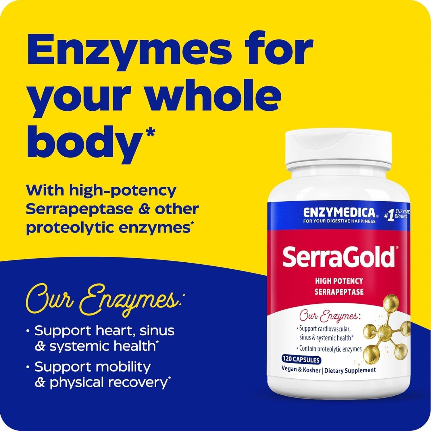 Enzymedica, Serragold, Supports Recovery, Immune and Cardiovascular System, Natural Supplement, 120 Count