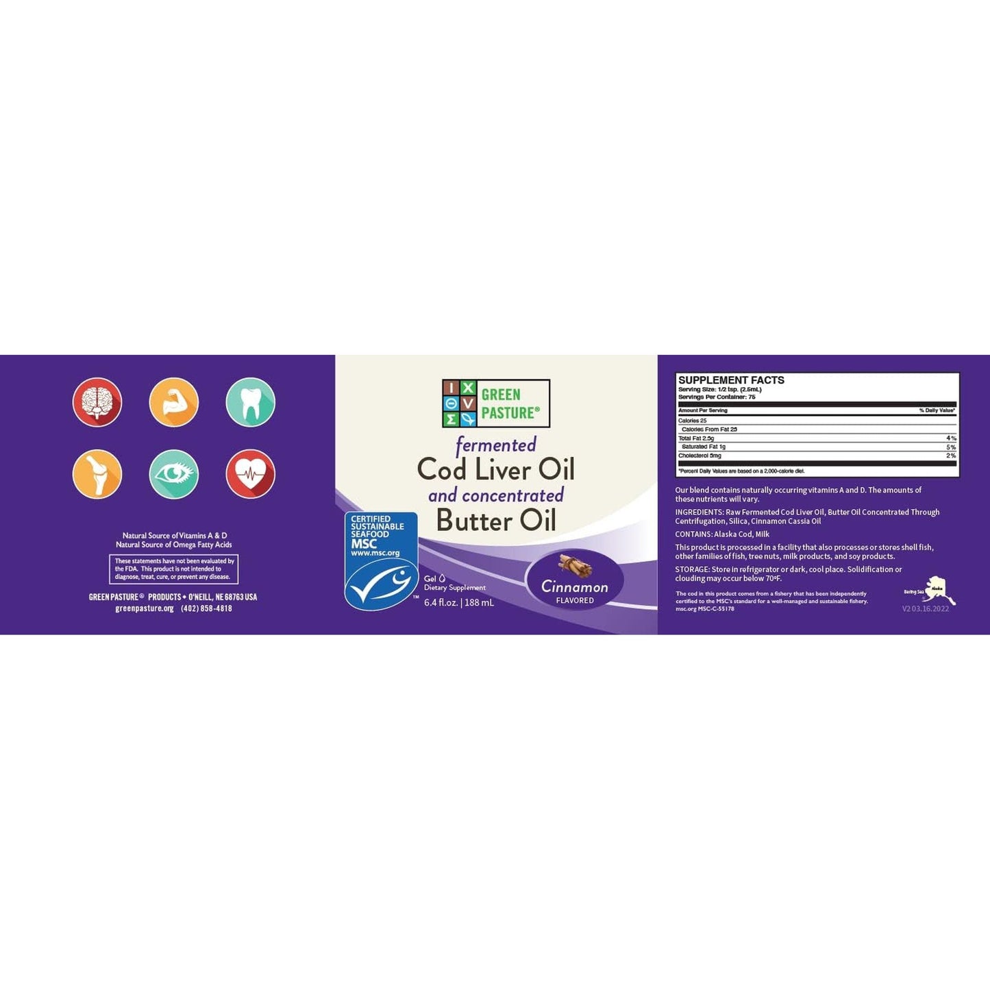 Green Pasture Butter Oil/Fermented Cod Liver Oil Blended Gel - 6.4 Oz.- Cinnamon