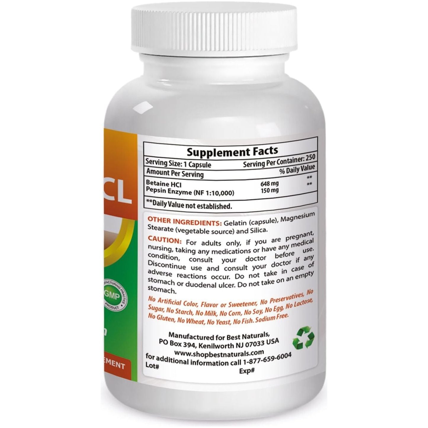 Best Naturals Betaine HCL 648 Mg 250 Capsules