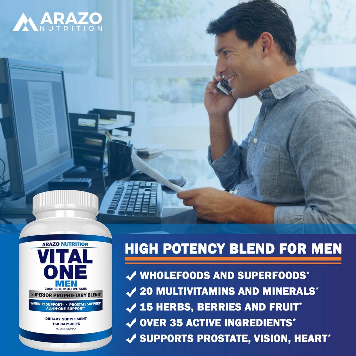 Arazo Nutrition Vital One Multivitamin for Men – Daily Wholefood Supplement - 150 Vegan