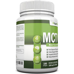 MCT Oil - Great for Focus & Gut Health - Non GMO, Cold Pressed, Paleo Friendly Capsules - 180 Softgels/3000mg