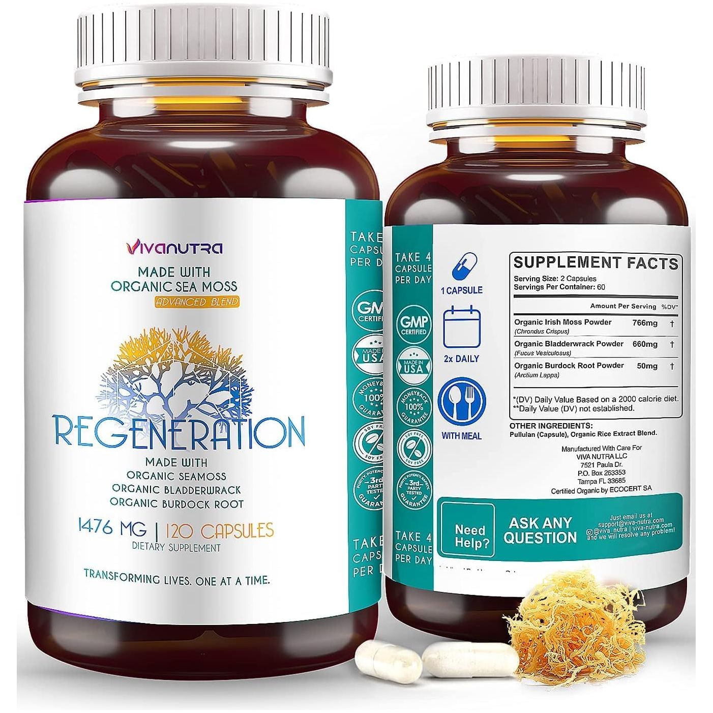 Organic Sea Moss Capsules, Bladderwrack & Burdock Root 120 Count