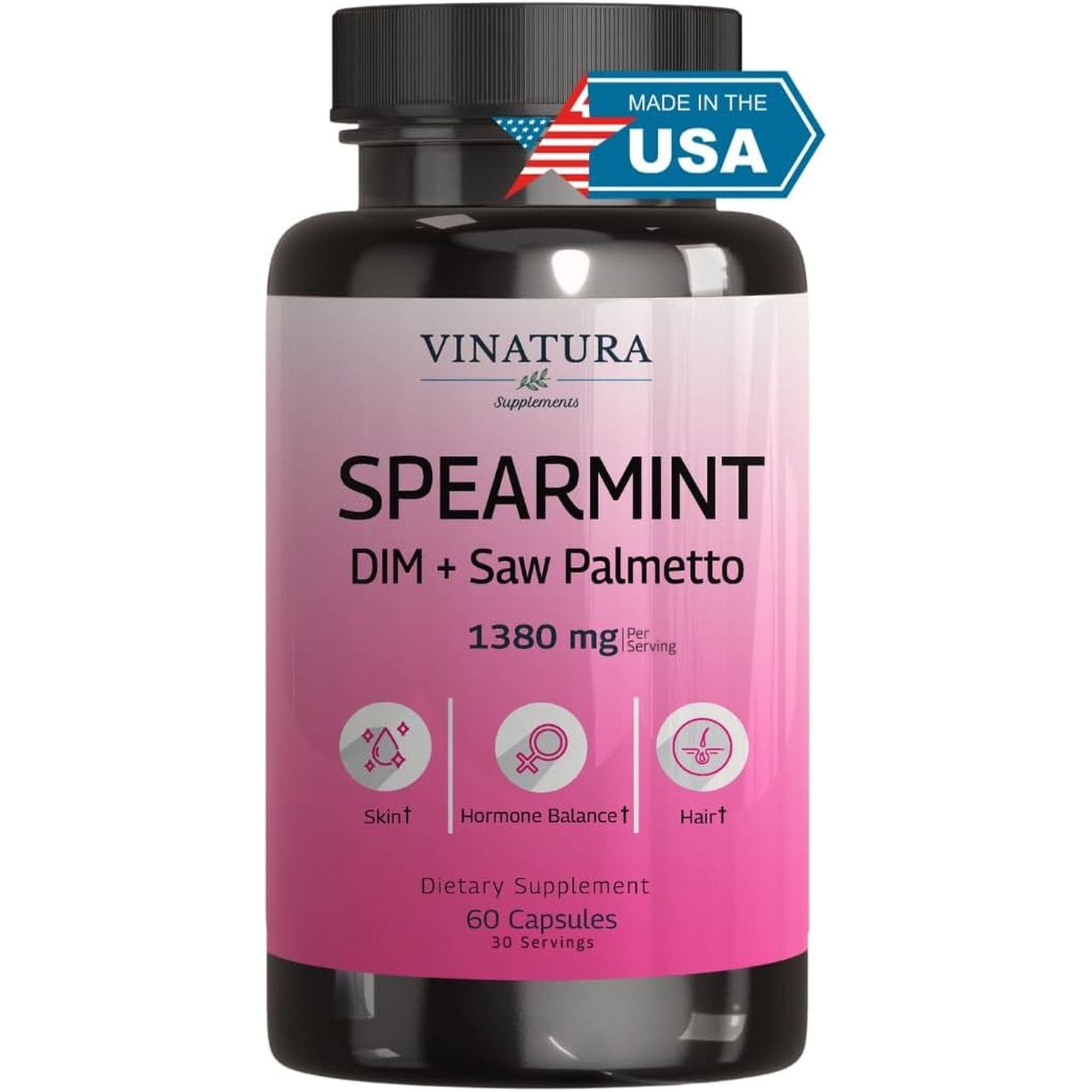 Spearmint Leaf Capsules Supplement - Enhanced with DIM & Saw Palmetto, for Unwanted Hair, Women' Health & Skin *USA Made & Tested* - 1380Mg/Serving, 60 Capsules (30 Servings)