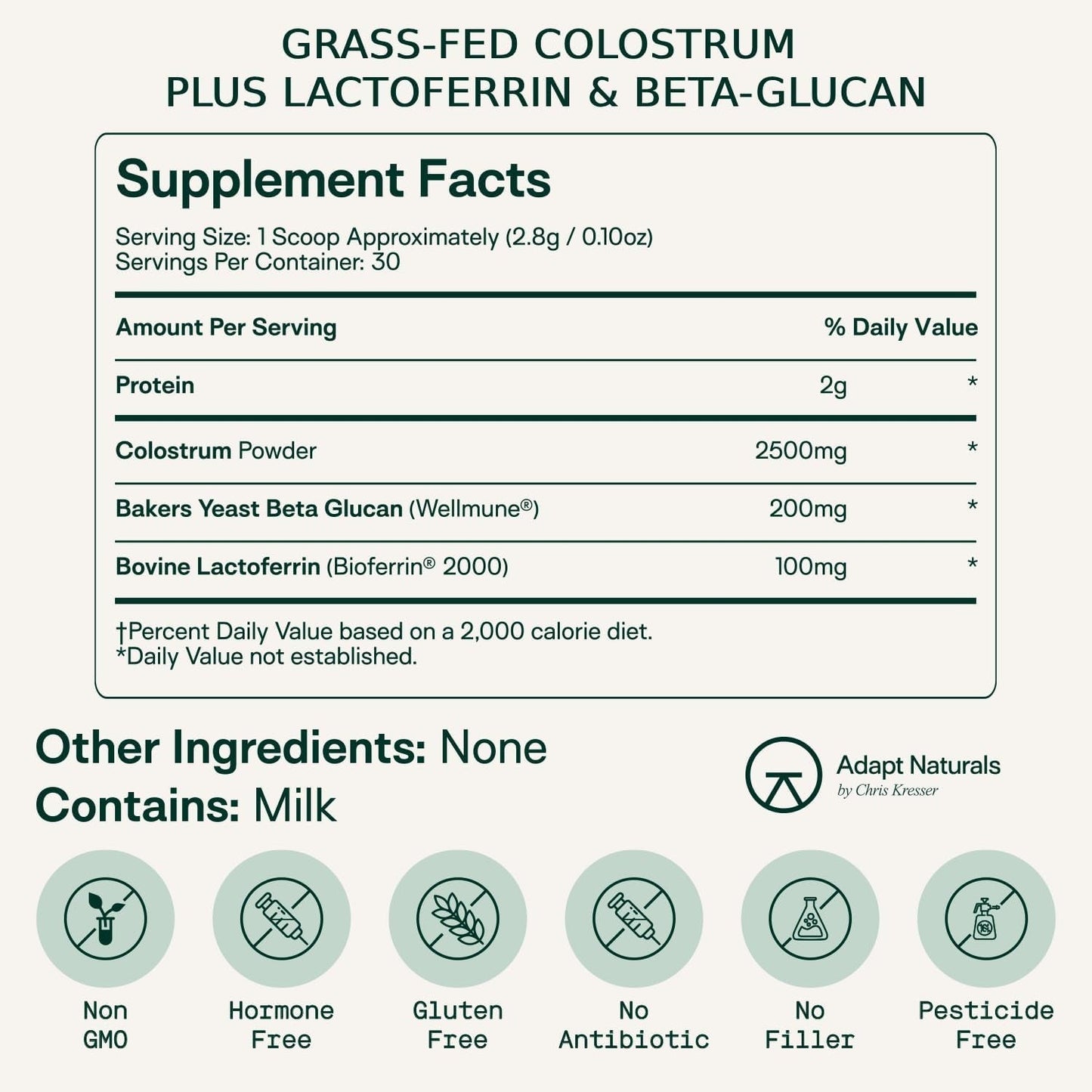 Adapt Naturals Colostrum Supplement with Lactoferrin & Beta Glucan for Gut Health, Immune Support & Vitality 2500Mg- 30 Days Supply