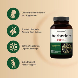 Naturebell Berberine Supplement 500Mg | 300 Veggie Capsules, 97% Pure Berberine HCL – 5:1 Root Extract