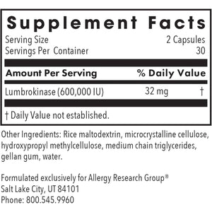 Allergy Research Group Lumbrokinase Supplement - Circulatory System Support- 60 Delayed Release Vegetarian Capsules