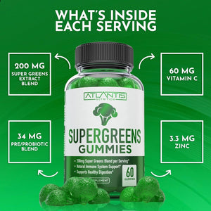 Atlantis Nutrition Supergreens Gummies - Daily Green Superfoods Supplement - Natural Raspberry Flavor, 60 Count