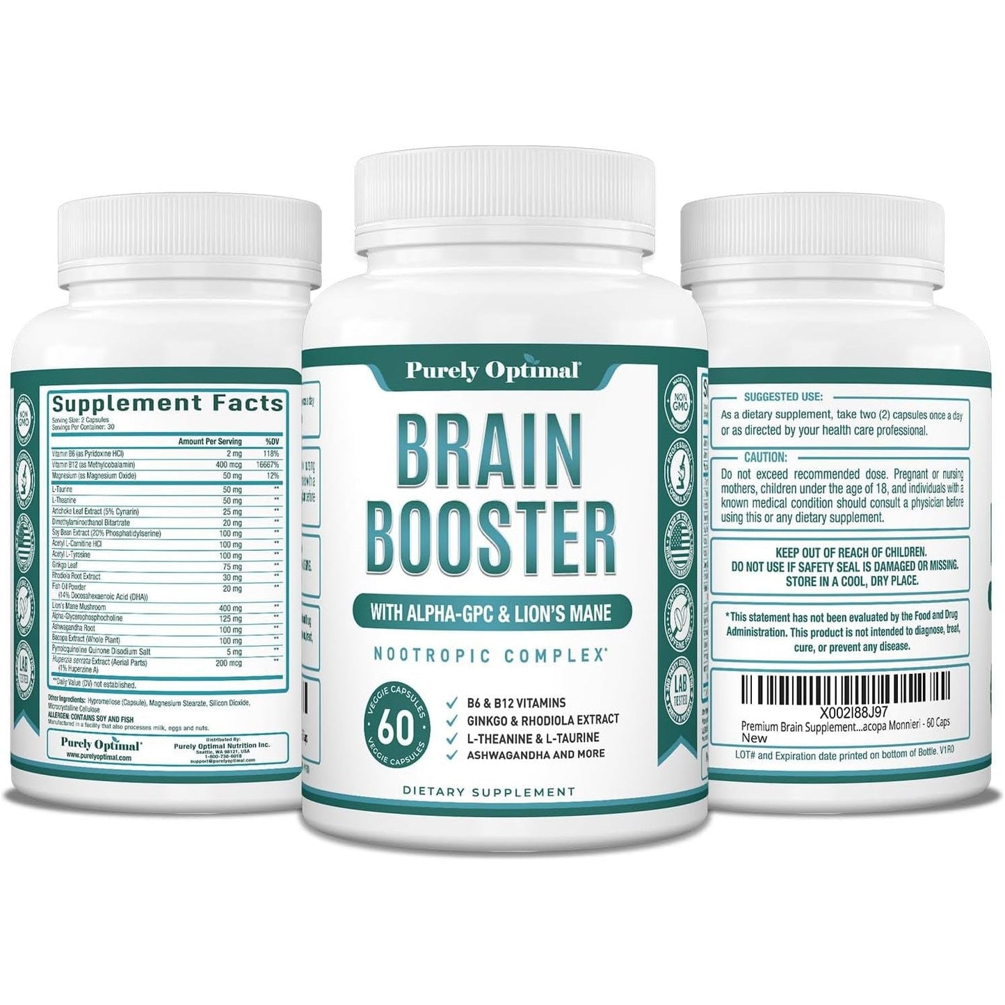 Purely Optimal Brain Supplement for Memory and Focus - 60 Capsules