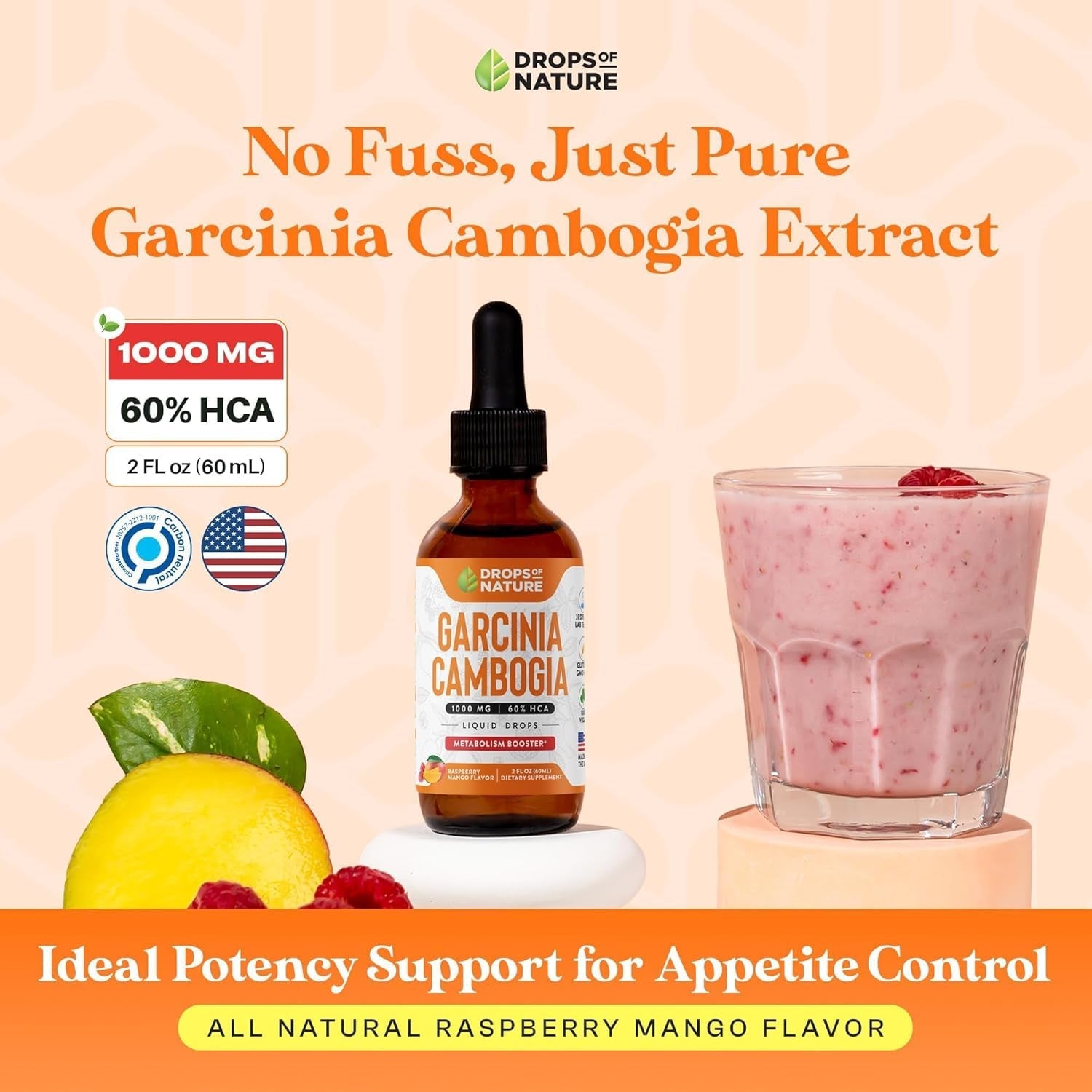 Garcinia Cambogia - Appetite Suppressant for Weight Loss - 2 Fl. Oz. Natural Raspberry Mango