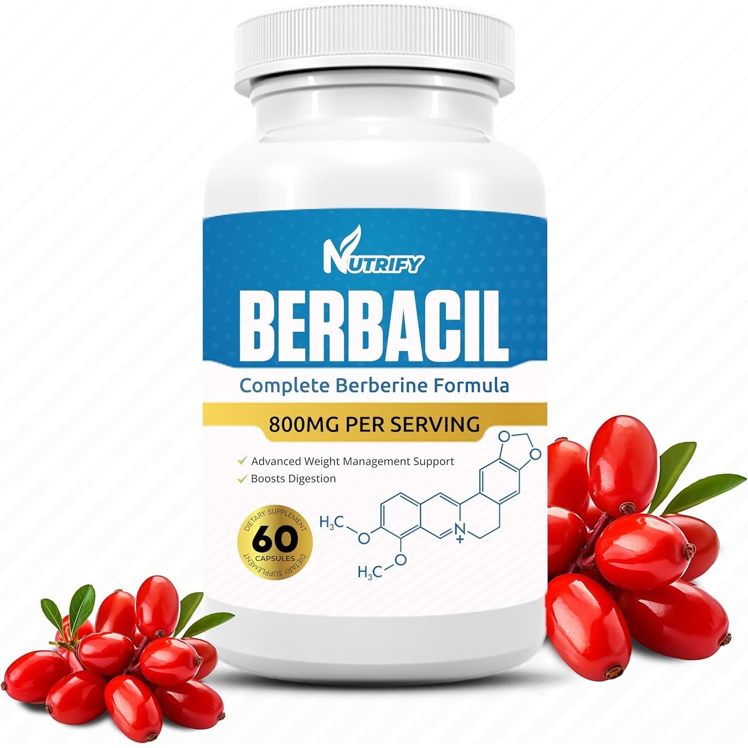 Berbacil - 100% Pure Berberine, Highest Absorption, 800Mg, GMO Free, Made in USA
