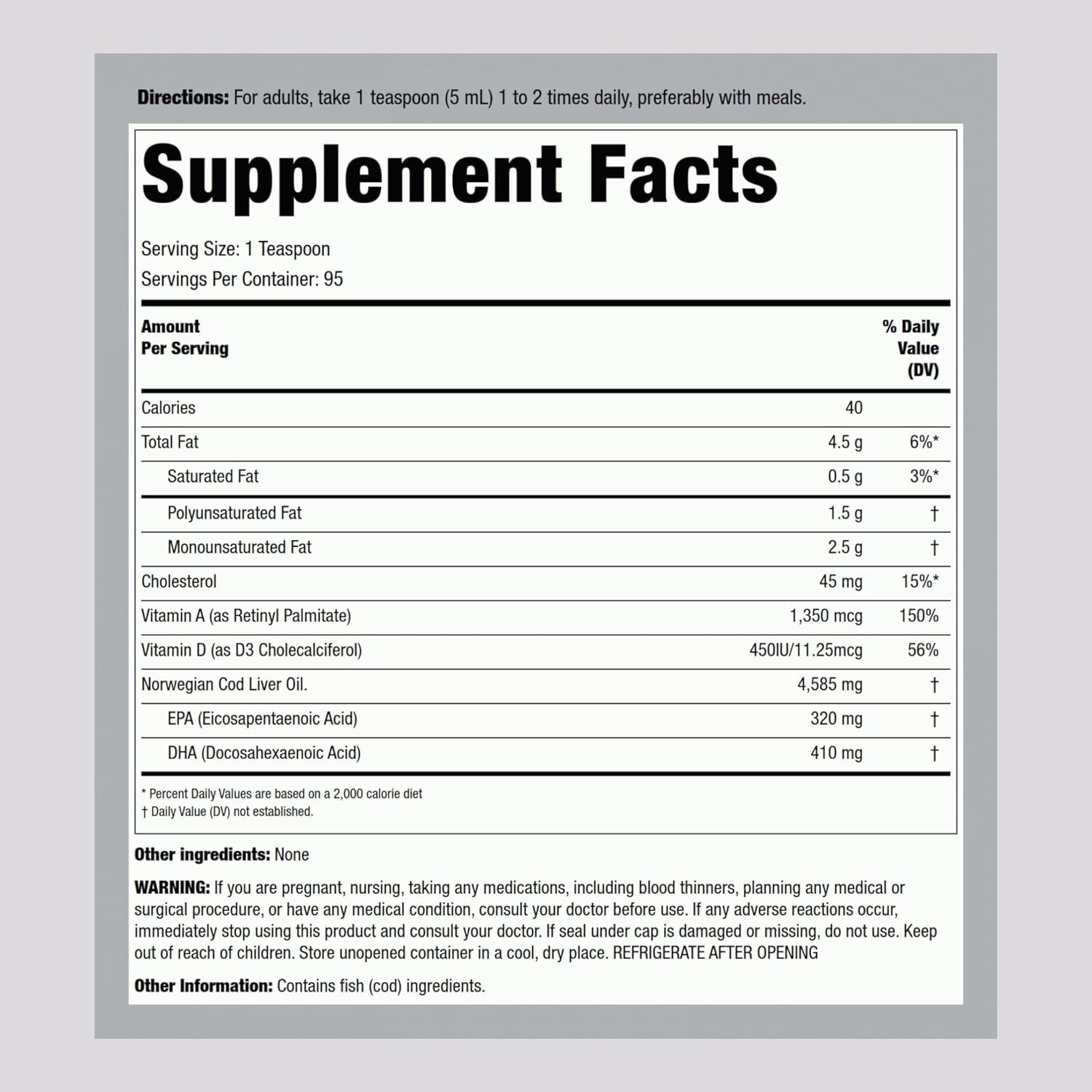 Piping Rock Cod Liver Oil Liquid | 16 Fl Oz | with EPA DHA | Engelvaer Norwegian