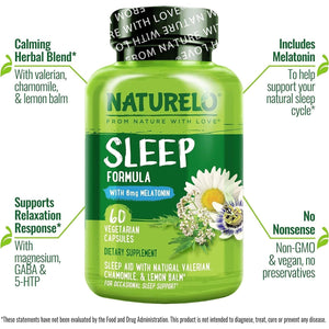 NATURELO Sleep Aid - with Melatonin, Magnesium, GABA, Valerian Root 60 Capsules
