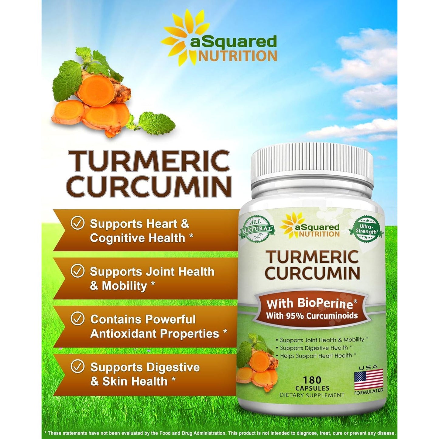 Asquared Nutrition Turmeric Curcumin 1300Mg with Bioperine Black Pepper Extract - 180 Capsules