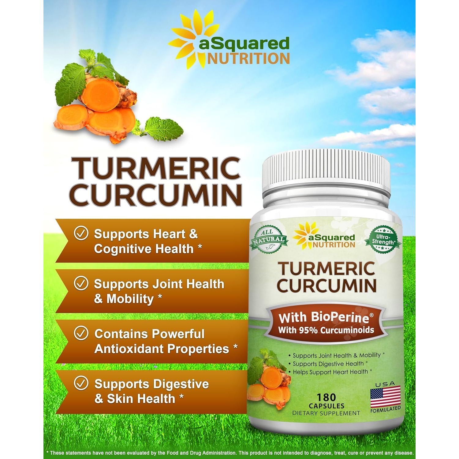Asquared Nutrition Turmeric Curcumin 1300Mg with Bioperine Black Pepper Extract - 180 Capsules