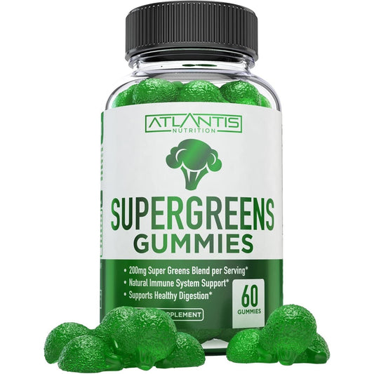 Atlantis Nutrition Supergreens Gummies - Daily Green Superfoods Supplement - Natural Raspberry Flavor, 60 Count