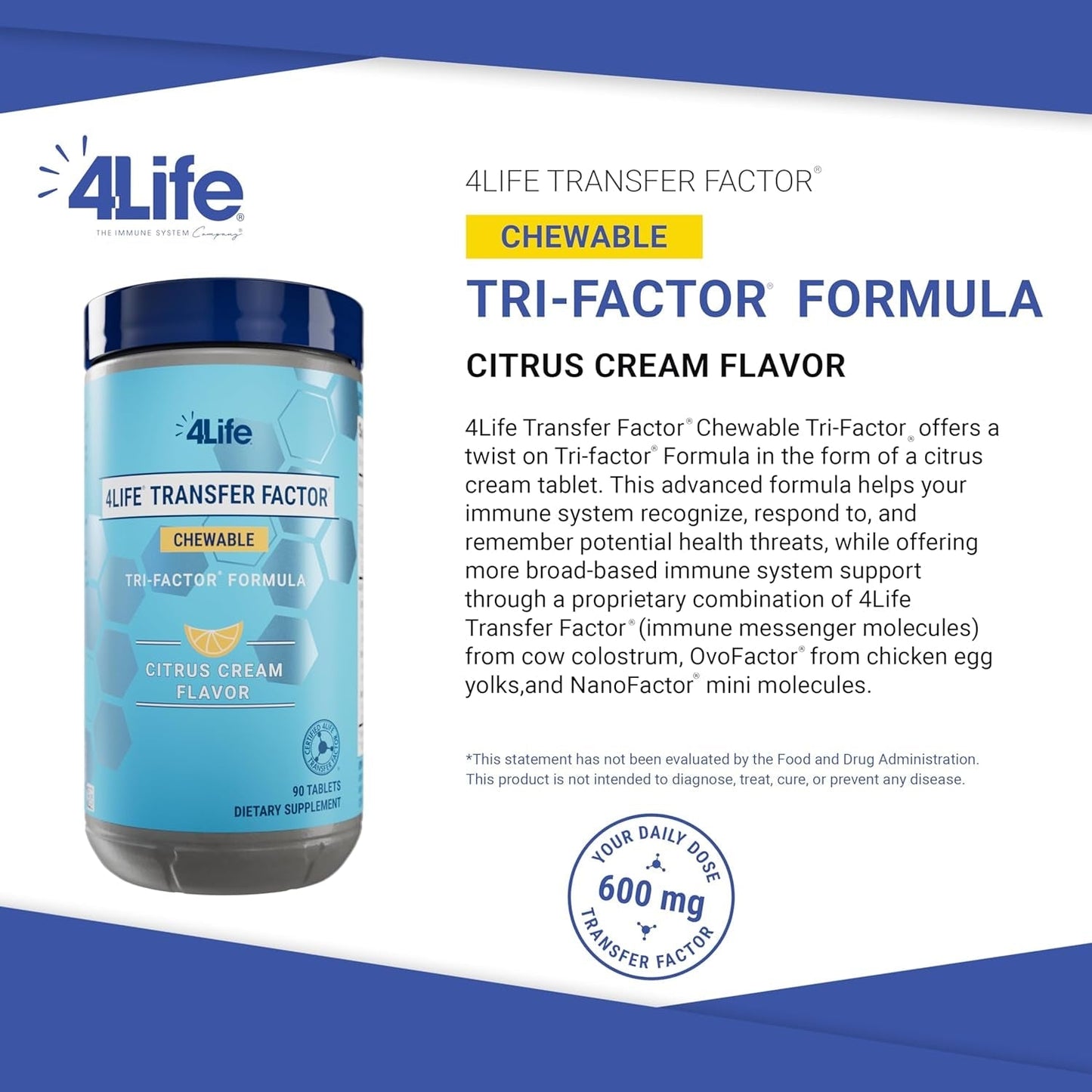 4Life Transfer Factor Chewable Tri-Factor Formula - Citrus Cream Flavor - 90 Chewable Tablets