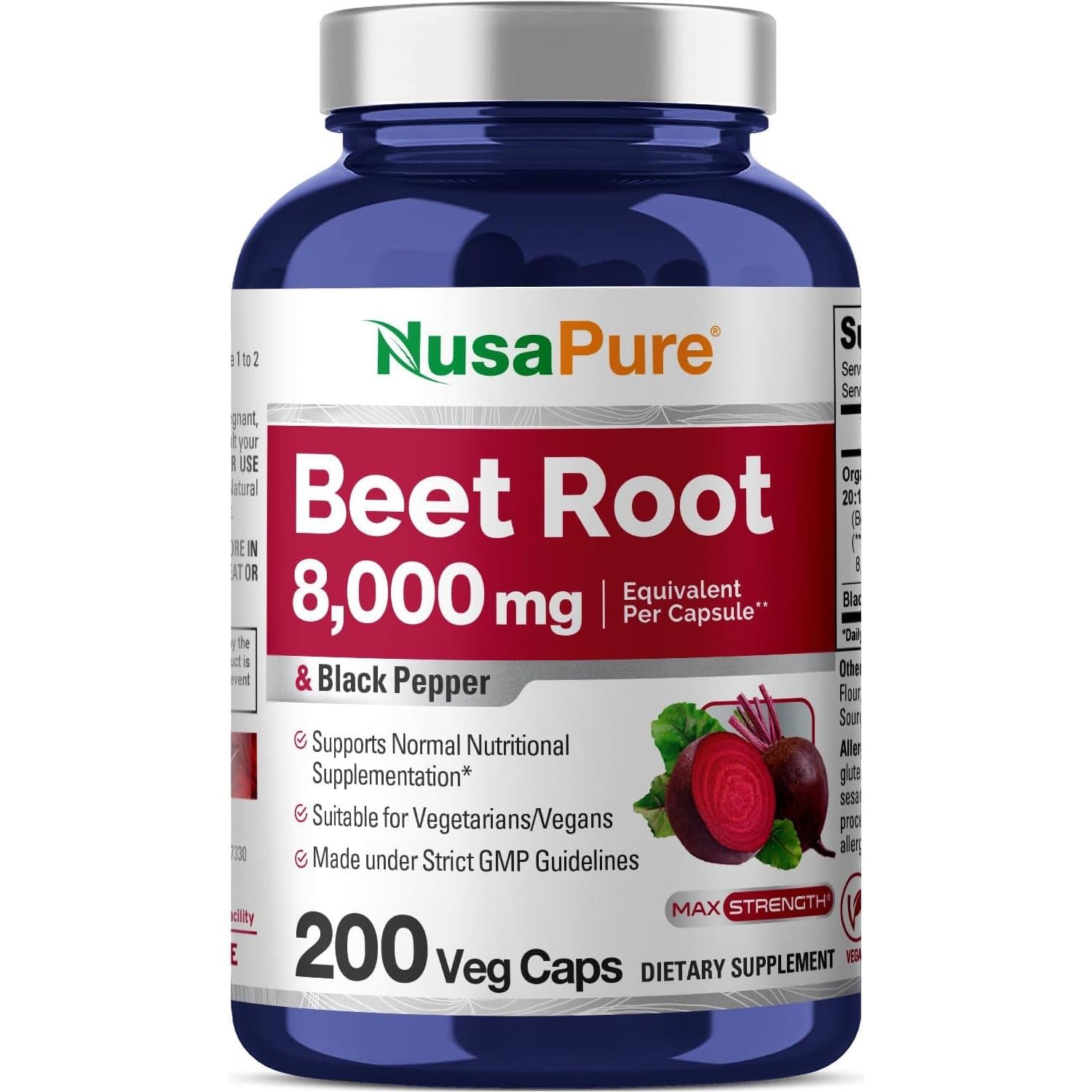 Nusapure Beet Root 8,000Mg per Caps (Vegan, Non-Gmo, Extract 20:1, Vegan) Black Pepper - 200 Veggie Caps