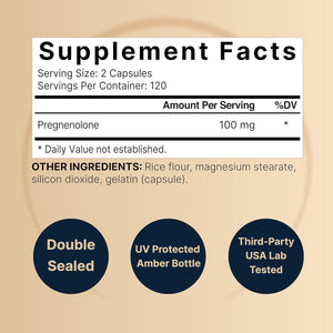 Pregnenolone 100Mg | Natural Precursor, Brain, & Immune Health Supplement 240 Capsules.