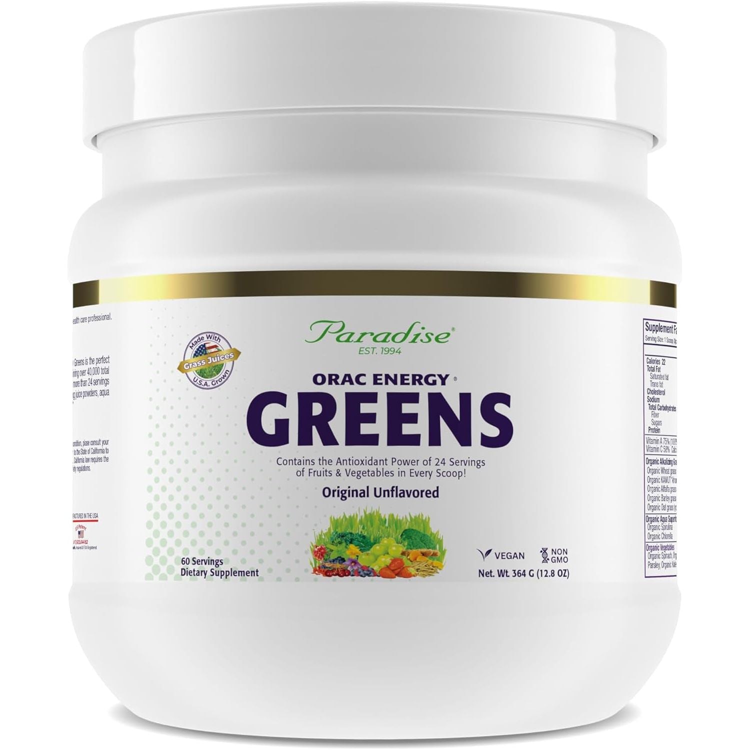 Paradise, ORAC Energy Greens Powder Extract, Super Antioxidants, Probiotics for Gut Health & Digestion 60 Servings