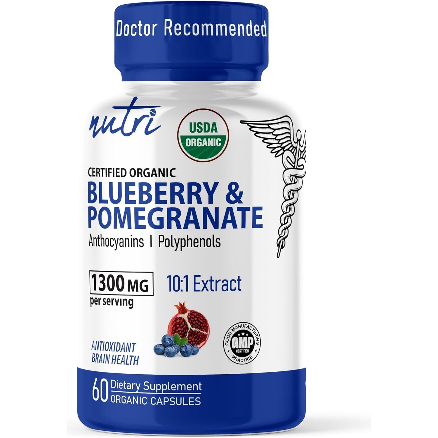 Nature'S Fusions Nutri Organic Supplement 1300Mg - with 800Mg 10:1 Blueberry Extract & 500Mg 10:1 Pomegranate Extract - USDA Organic - 60 Capsules