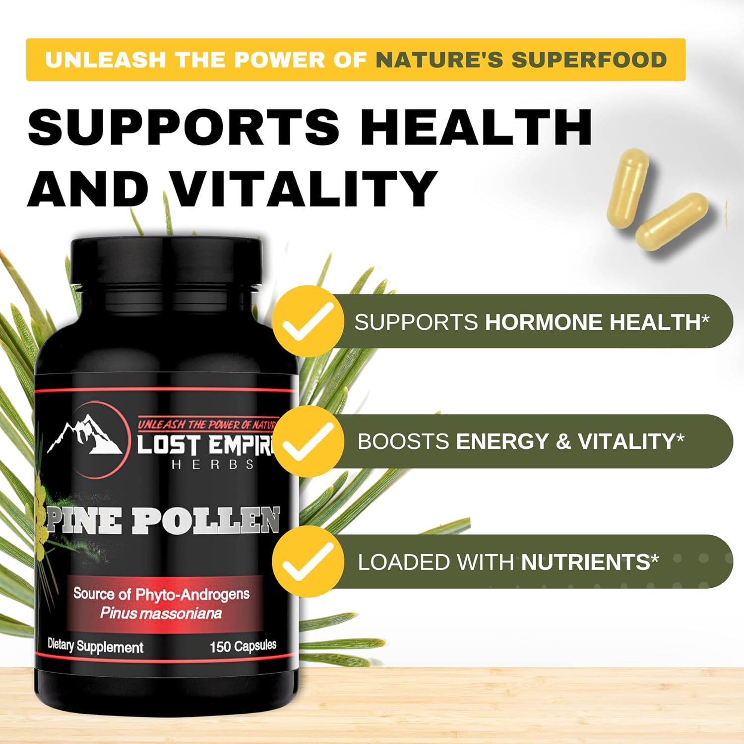 Pine Pollen Capsules - Men and Women Energy, Vitality and Immunity (150 Capsules)