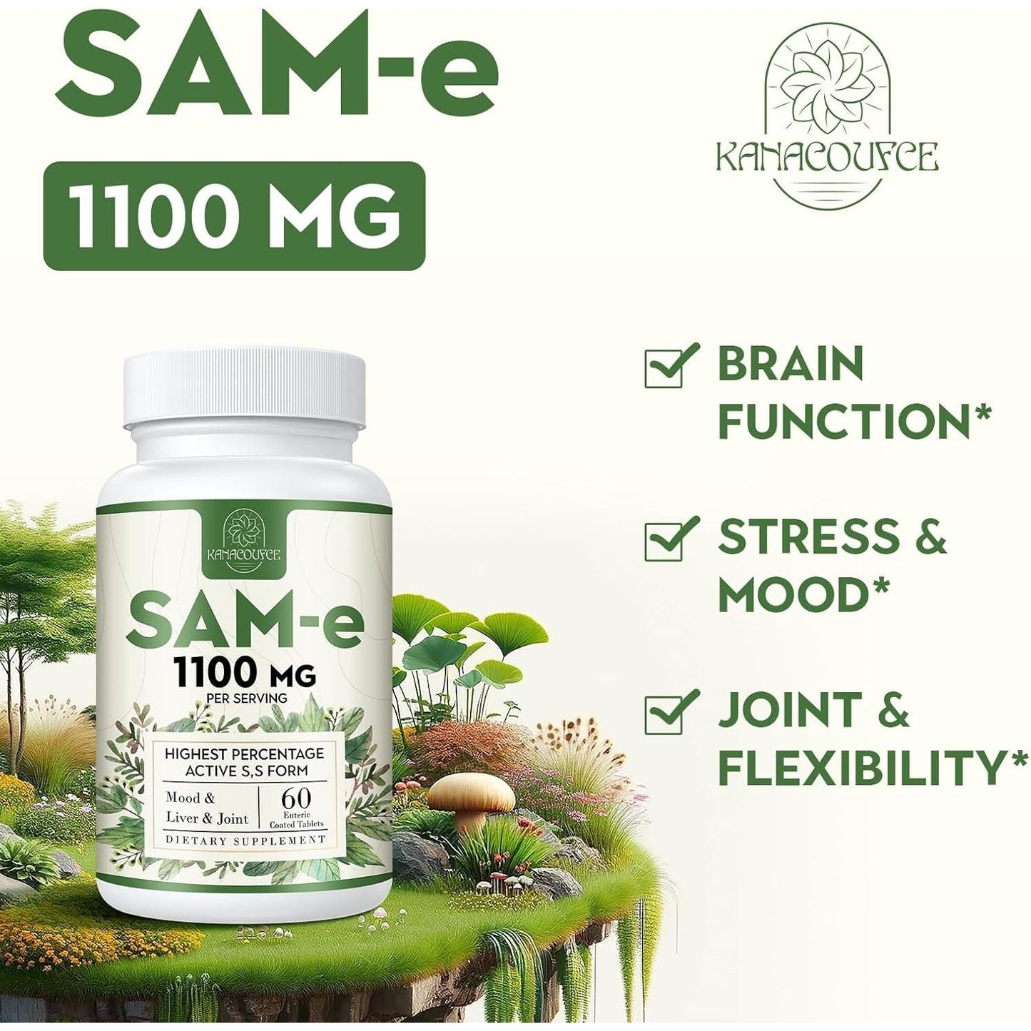 1100Mg Sam-E (S-Adenosyl-L-Methionine), SAM E Supplement for Mood, Joint & Liver 60 Tablets