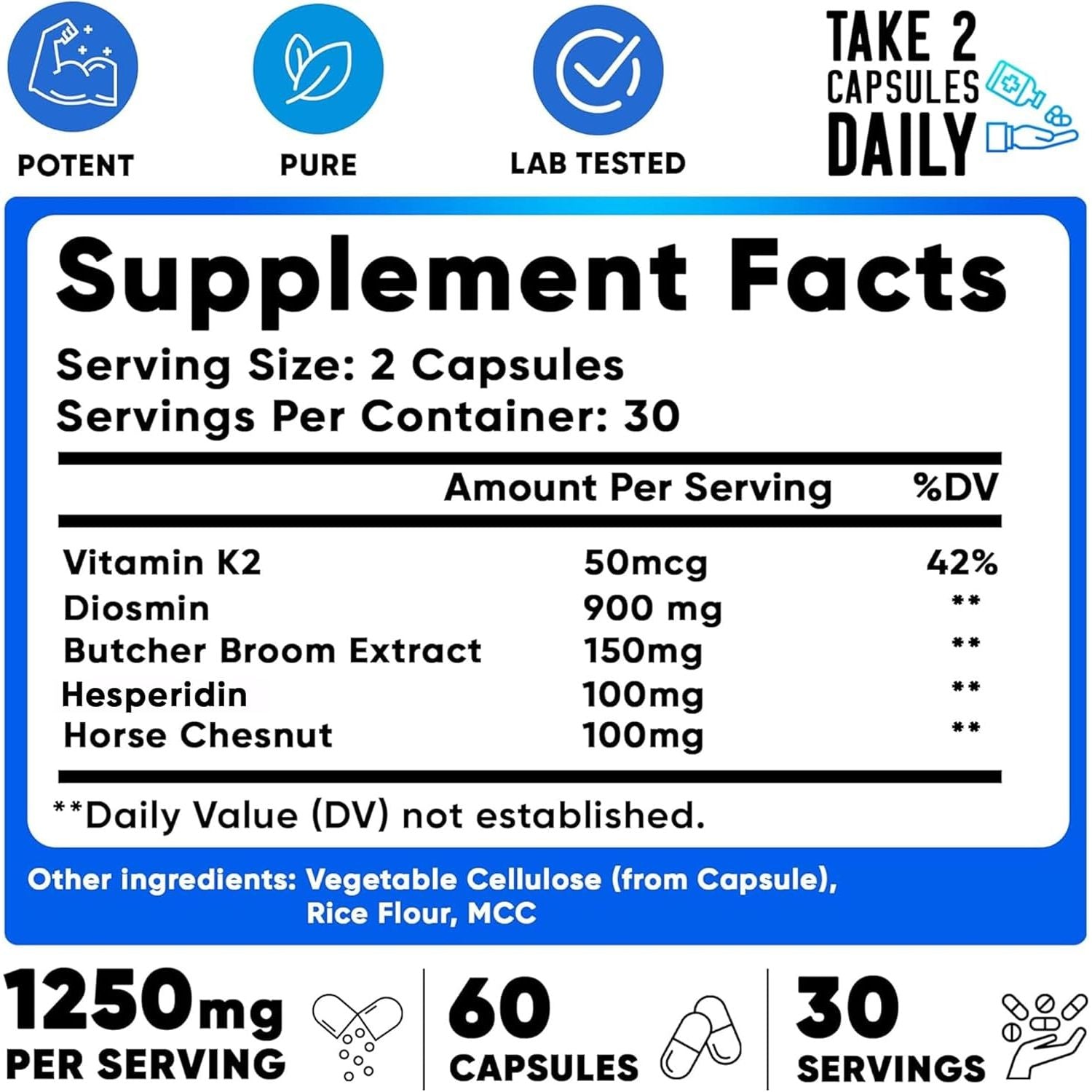 Vein Vitality 1250Mg Diosmin Hesperidin Complex for Varicose Veins Treatment - 60 Capsules