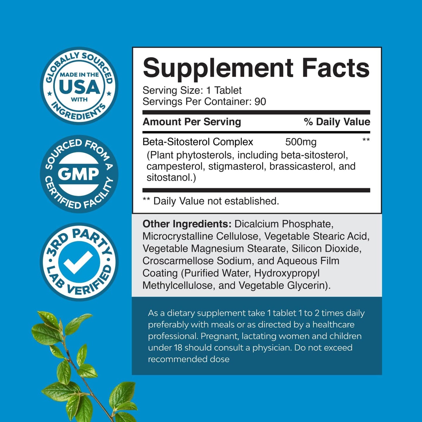 Natures Craft Plant Sterols Complex with Beta Sitosterol - 500Mg Beta-Sitosterol Sterols and Stanols Supplement for Prostate Support - 90 Tablets