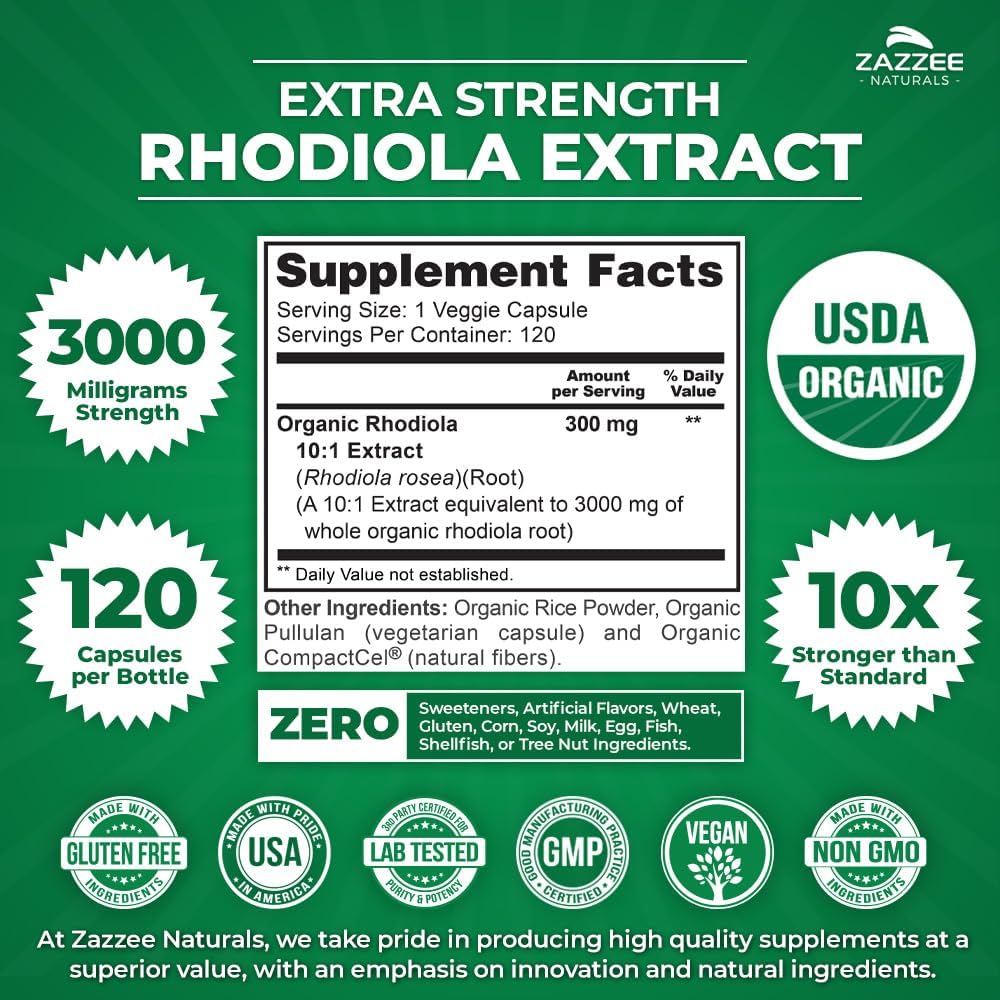 Zazzee USDA Organic Rhodiola 10:1 Exract, 3000 Mg Strength, 120 Capsules