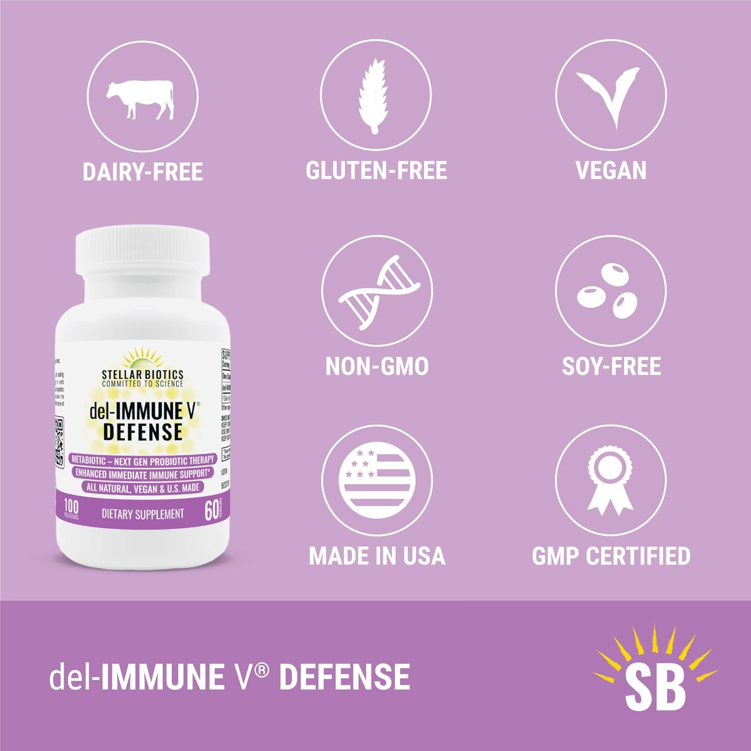 Del-Immune V® Defense by Stellar Biotics, All-Natural Immune Support & Gut Health (60 Caps)