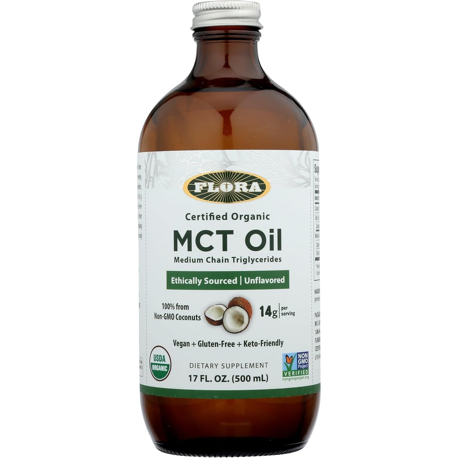 Flora Health MCT Oil Organic Energy Boost, C8 Caprylic & C10 Capric Acids,17 Fl Oz Liquid, Glass Bottle