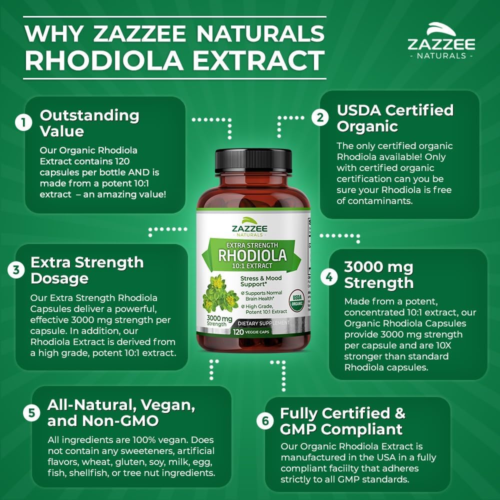 Zazzee USDA Organic Rhodiola 10:1 Exract, 3000 Mg Strength, 120 Capsules