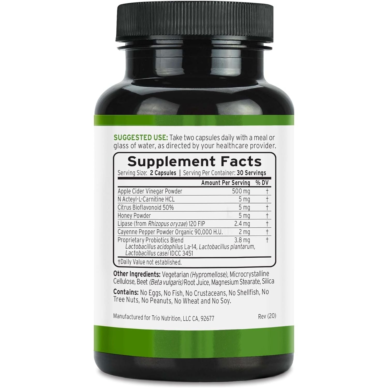 TRIO NUTRITION Apple Cider Vinegar Capsules with Green Tea for Body Cleanse, Immune, Weight Management & Metabolism Support*