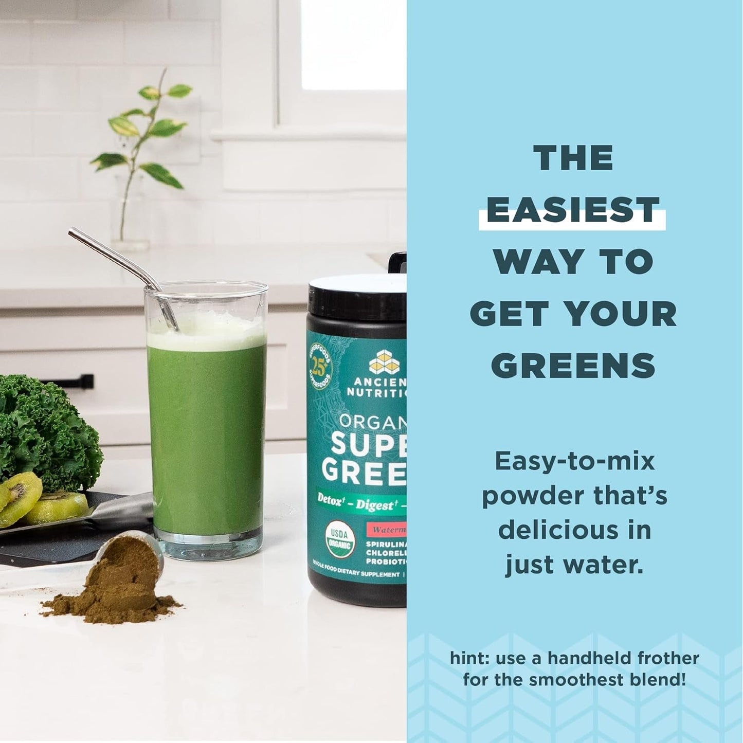 ANCIENT NUTRITION Organic Supergreens Powder with Probiotics for Digestive & Energy Support, 25 Servings