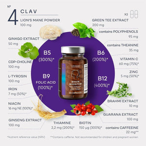 CLAV N°4 Brain Booster - Nootropics Brain Support Supplement for Memory & Focus - 60 Capsules.