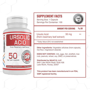MAAC10 Ursolic Acid 50Mg | Sourced from Rosemary Extract | AMPK & Sirtuin Activator (100 Capsules)