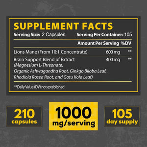 Lions Mane Supplement Capsules - Support Brain Health, Positive Mood & Energy Production 210 Vegan Capsules
