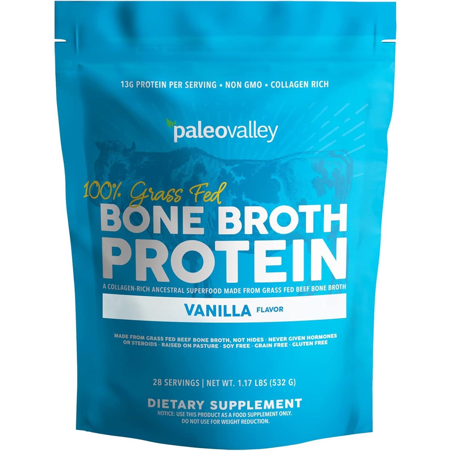 Paleovalley 100% Grass Fed Bone Broth Protein Powder - Vanilla - 28 Servings