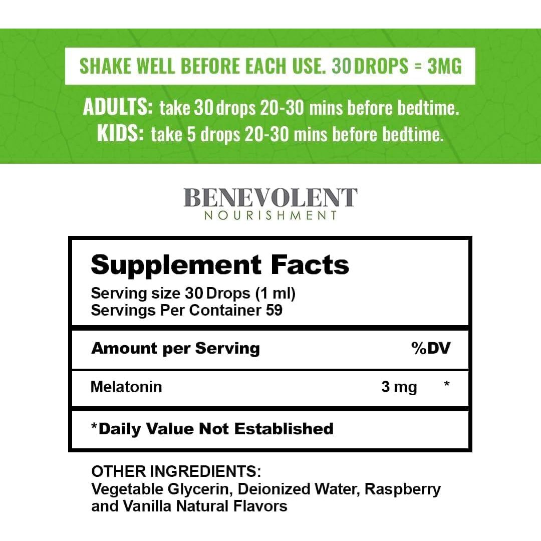 Benevolent Melatonin Liquid for Adults & Kids 3Mg 2 Month Supply