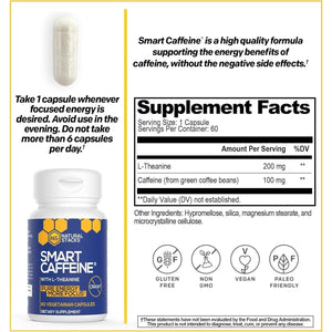 NATURAL STACKS Smart Caffeine Pills - 100Mg Caffeine + 200Mg L-Theanine Supplement 60 Capsules