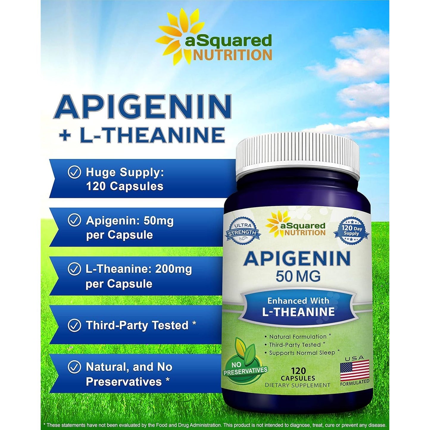 Asquared Nutrition Apigenin 50Mg & L-Theanine 200Mg - 120 Capsules
