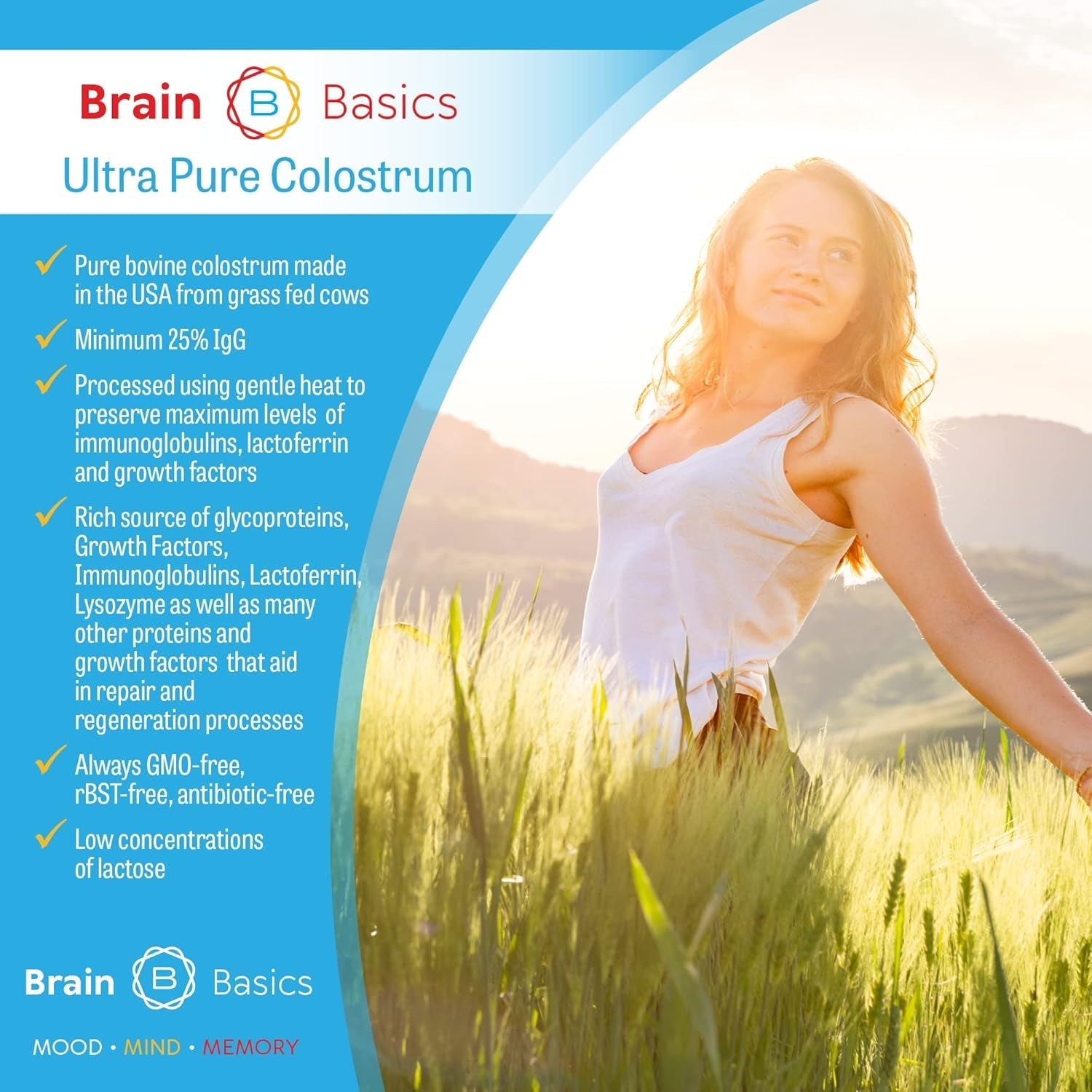 Brain Basics Ultra-Pure Colostrum, 4000Mg for Gut-Brain-Immune Health, Glowing Hair and Skin 120 Grams - 30 Servings