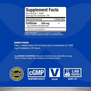 ALLMAX Nutrition Caffeine Pills, Sustained Energy & Pre - Workout Mental Focus, 200 Mg, 100 Tablets