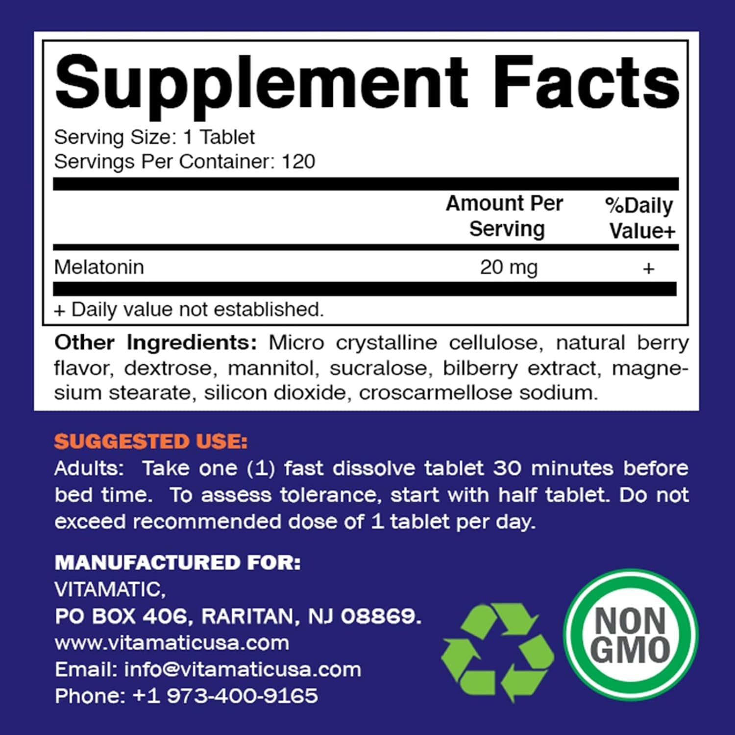 Vitamatic Melatonin 20Mg - Natural Berry Flavor 120 Tablets