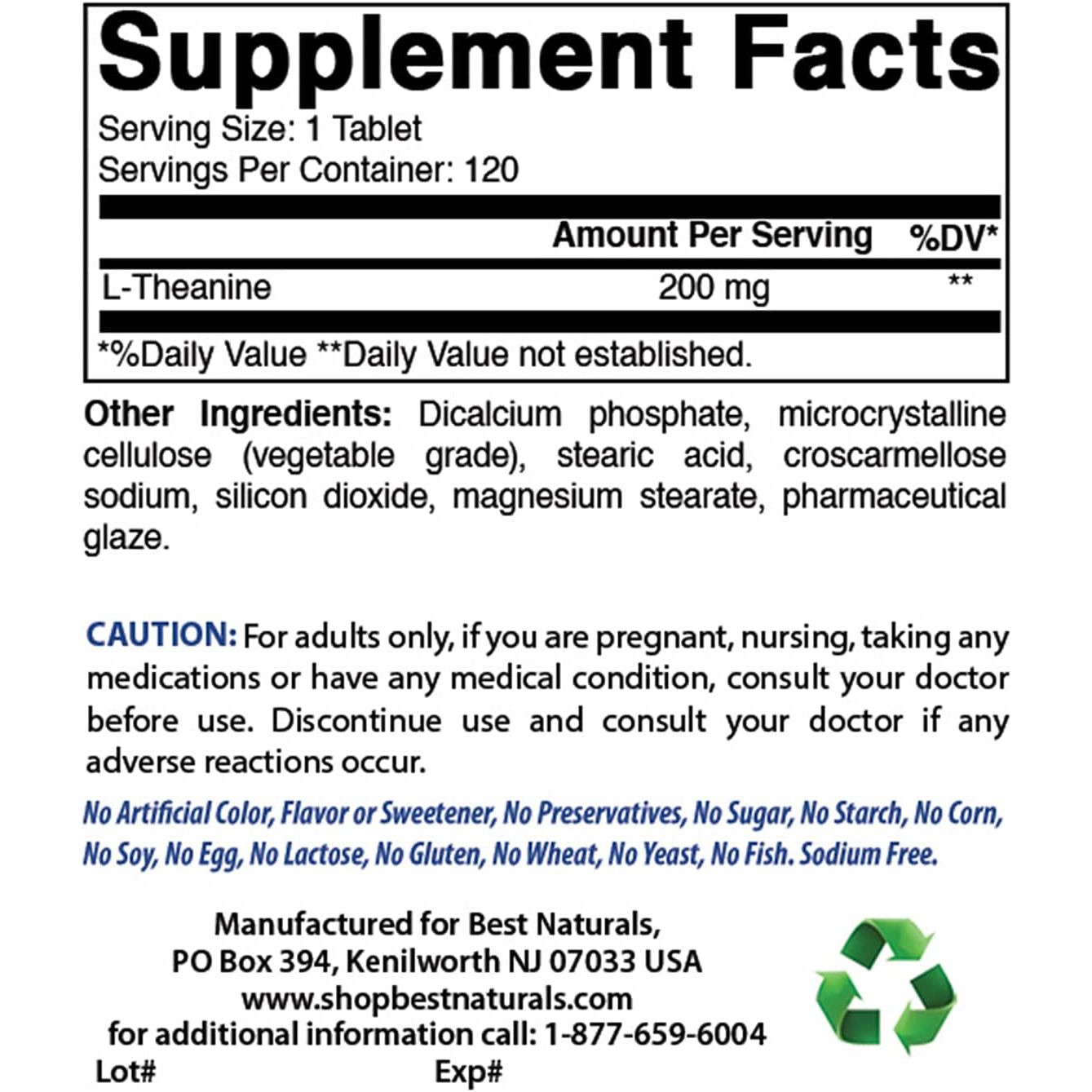 Best Naturals L-Theanine 200Mg per Tablet - Promotes Relaxation without Drowsiness - 120 Vegetarian Tablets