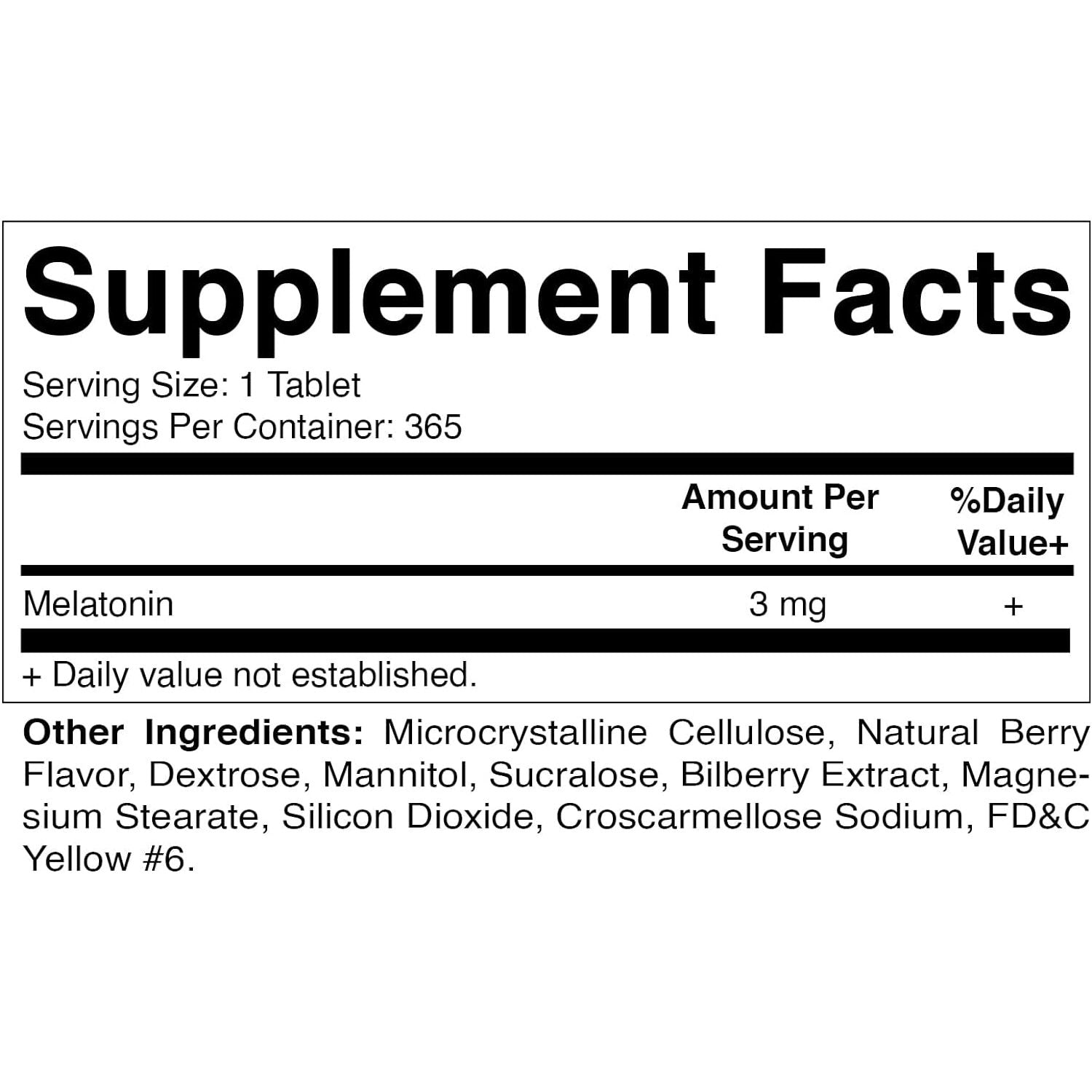Vitamatic Melatonin 3Mg Tablets 1 Year Supply - Natural Berry Flavor - 365 Tablets