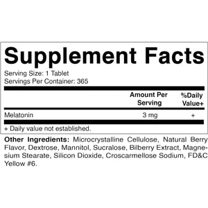Vitamatic Melatonin 3Mg Tablets 1 Year Supply - Natural Berry Flavor - 365 Tablets