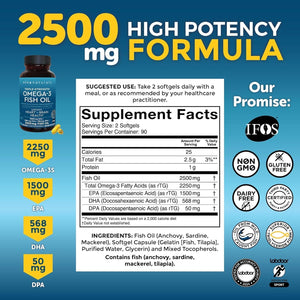 Omega 3 Fish Oil Supplement for Women and Men - 2500 Mg - 180 Softgels