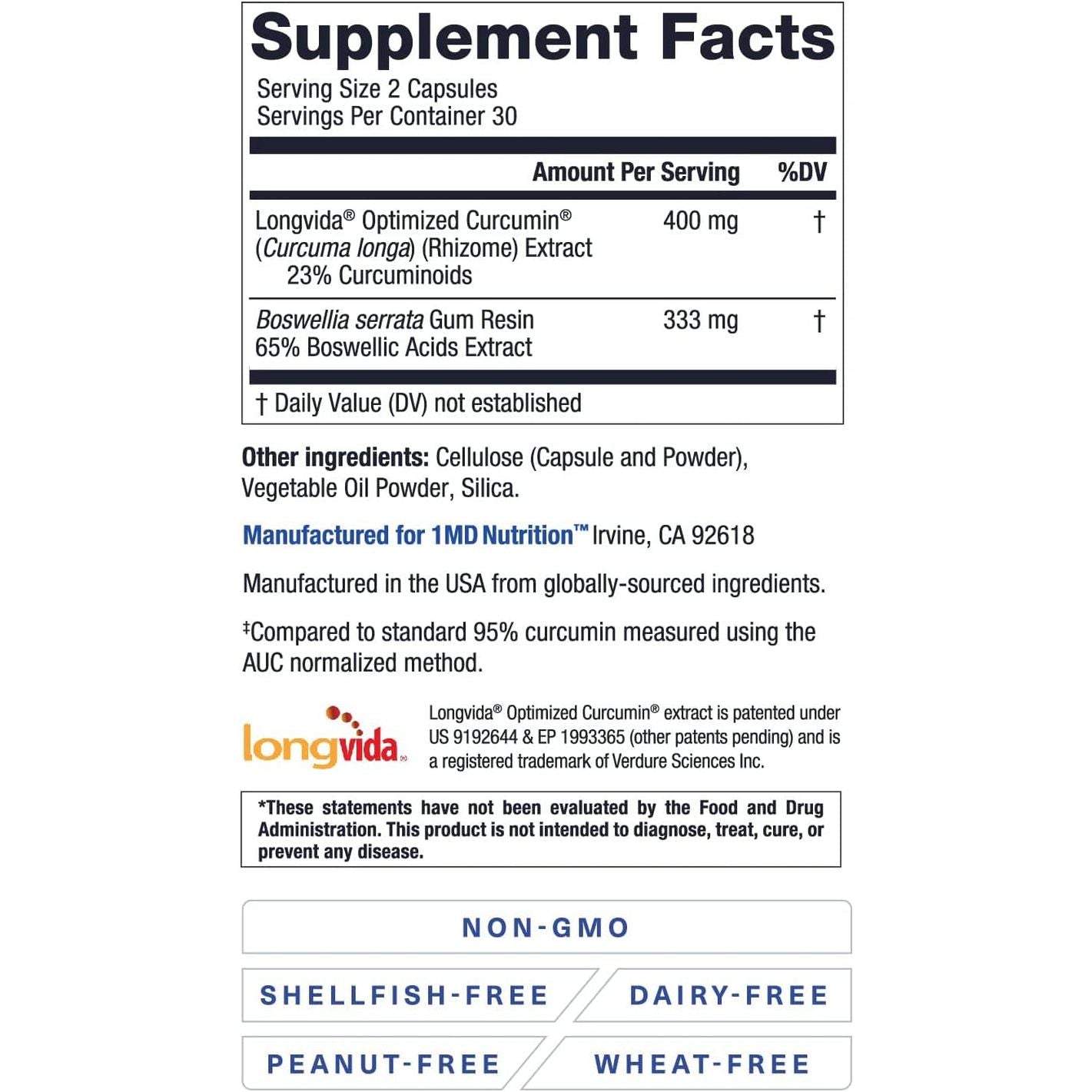 1MD Nutrition Curcuminmd plus - Joint Stiffness, Muscle Recovery, and Mood Support | 60 Capsules