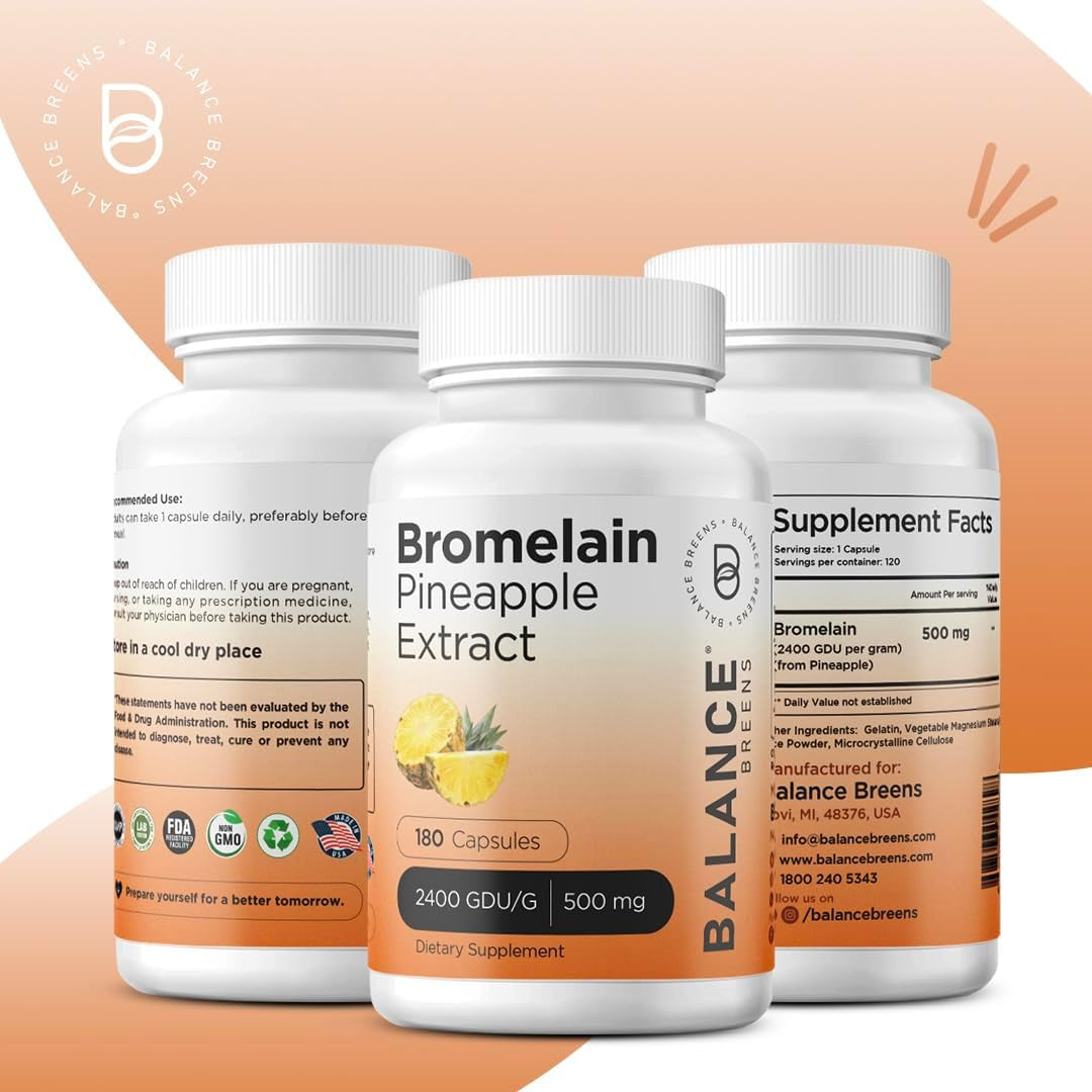 Balancebreens Bromelain 500Mg, 180 Capsules - Pineapple Extract Digestive Enzyme, Supports Digestion and Joint Health Supplement